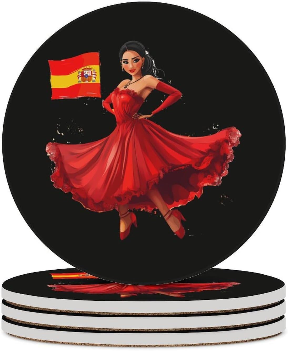 Flamenco Dancer Spain Flag Spanish Coasters for Drink Round Ceramic Coaster with Cork Base Home Decorative 6PCS