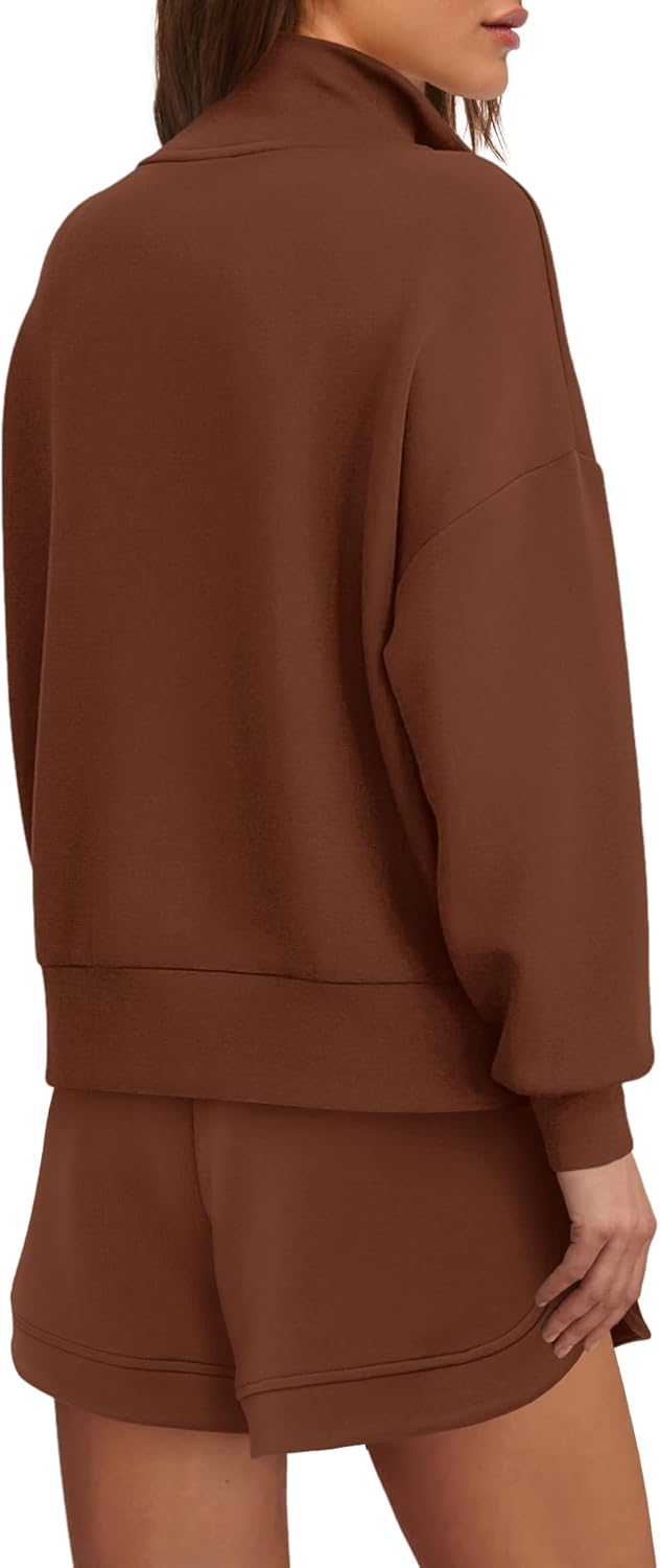 Panadila Womens Oversized Sweat Set 2 Piece Sweatsuits Airport Travel Lounge Set Long Sleeve Half Zip Top and Shorts - Image 5