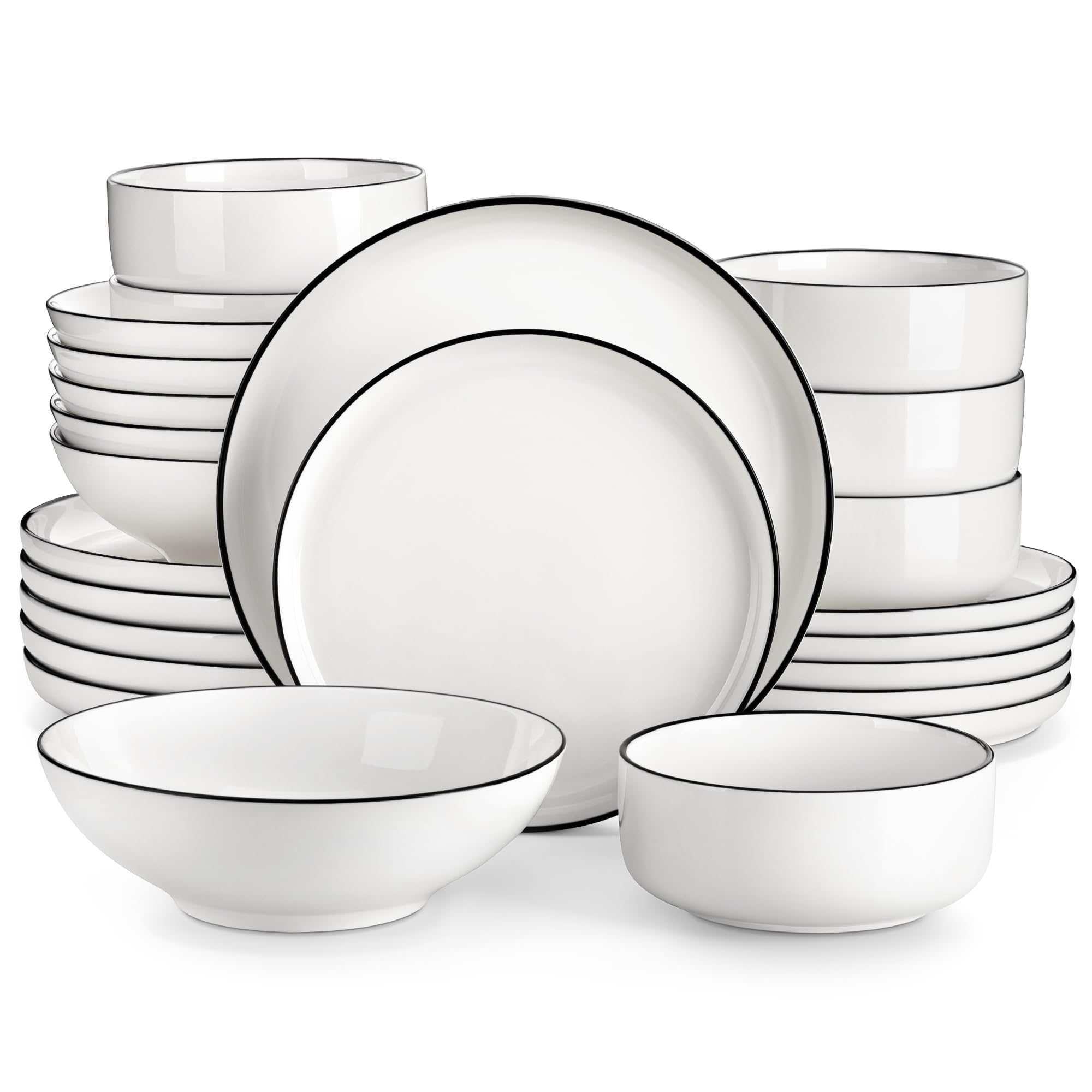 MALACASA 24 Piece Chip Resistant Porcelain Plates and Bowls Set with Black Rim, Microwave Dishwasher Safe, 6 Dinner/Dessert/Soup Plates, Bowls, Modern White Dinnerware, Luna Series