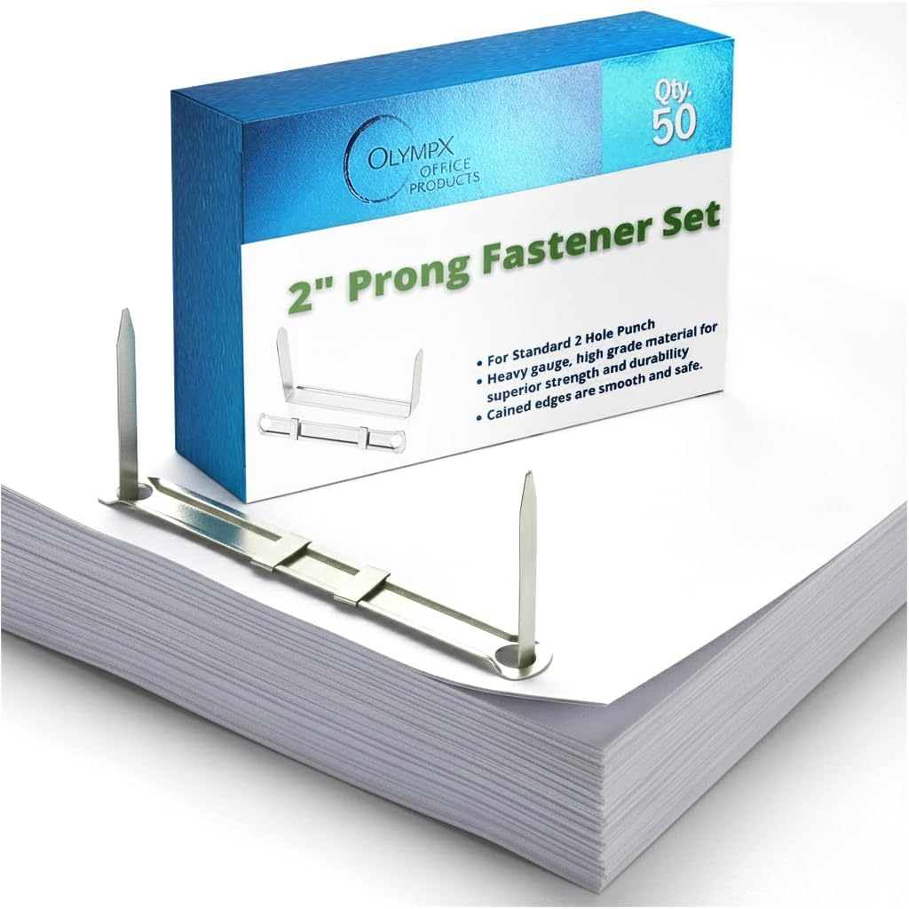 OLYMPX Prong Paper Fasteners 2 Inch Capacity, 50 Complete Sets - Premium Metal, 2.75" Base with Compressor for Standard 2-Hole Punch, File Folders, 50/Box