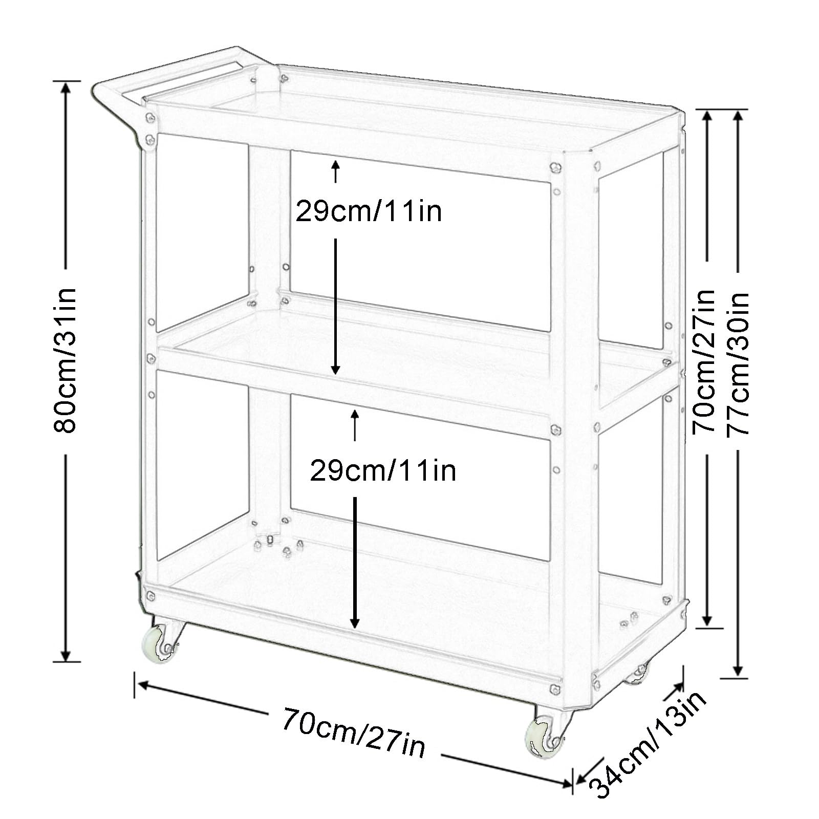 Carrito de herramientas rodante de 3 niveles, soporte de metal para exhibición de plantas con ruedas, ideal para garaje, taller, organización del hogar, perfecto para flores y accesorios de jardín