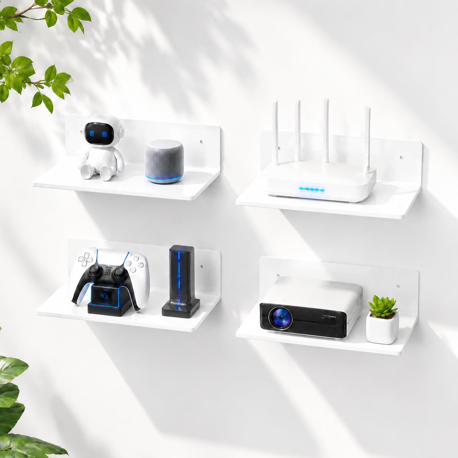 4 Piece Set of Floating Shelves, Wall Shelving, No-Drill Mounting Brackets