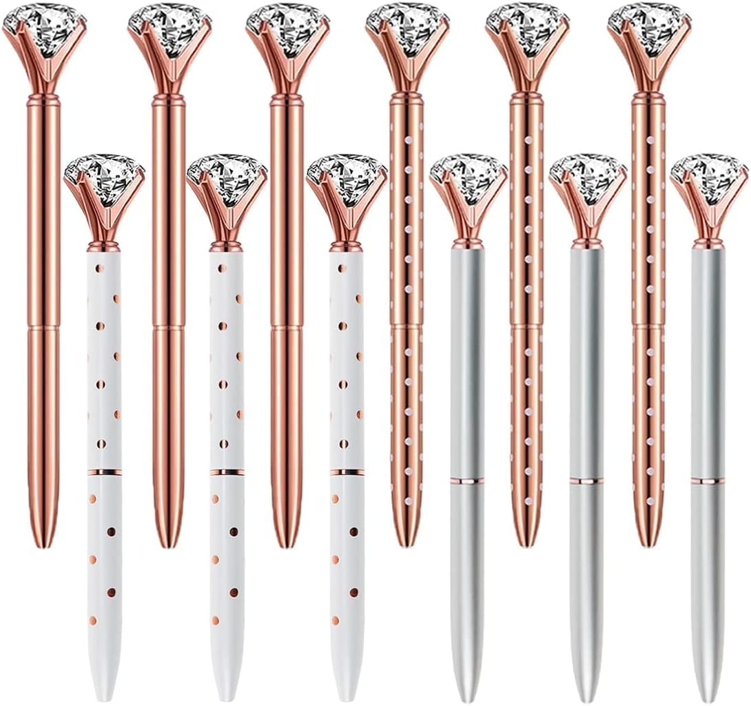 Eyourlife 12 PCS Diamond Crystal Pens, Rose Gold Metal Ballpoint Pen 0