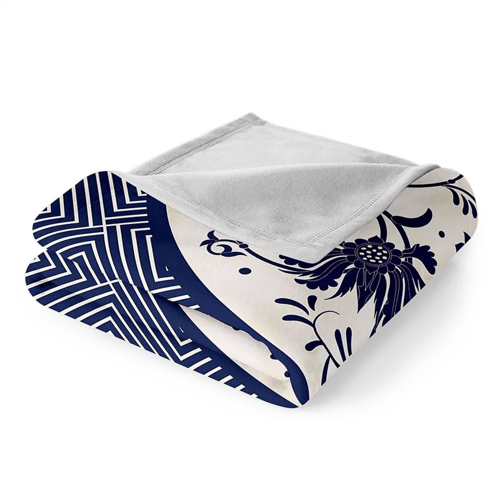 Coperta da tiro bohémien, grande per divani in flanella blu, motivo floreale, 150 x 200 cm, per letto, ufficio, auto, regalo morbido e caldo