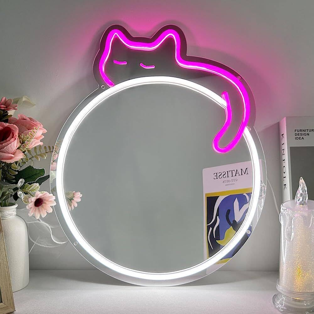 Cat Mirror Neon Sign Neon Wall Art Sign for Wall Decor LED Neon Mirror Light Sign for Girls Room Bedroom Wedding Birthday Party