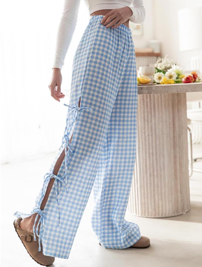 Womens Gingham Striped Wide Leg Pants Y2k Lounge Pants Lace Up Loose Trousers - Image 3