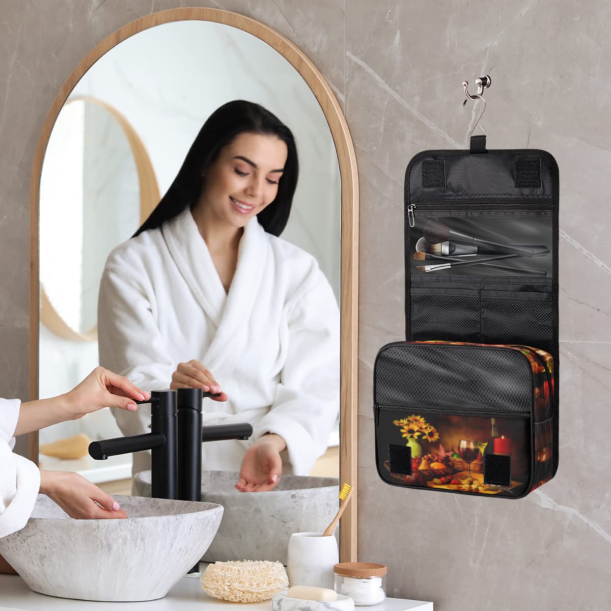 Jesienna podróżna kosmetyczka FallRed Wine Bottle Wash Pouch Bag Unisex Wiszące przybory toaletowe Kosmetyczka Organizer do makijażu, wielobarwny, Jeden rozmiar