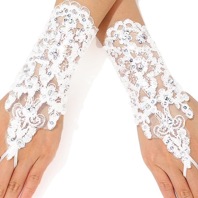 GEMILY Lace Tea Party Bridal Gloves White Fingerless Gloves for Women