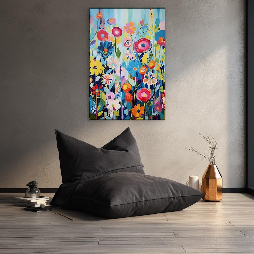 Canvas for Living room. A Tapestry of Blossoms: A Vivid Dance of Colors in a Floral Field Painting, 27 x 18 inch Canvas Wall Art - Contemporary Masterpieces - Botanical Home Decor