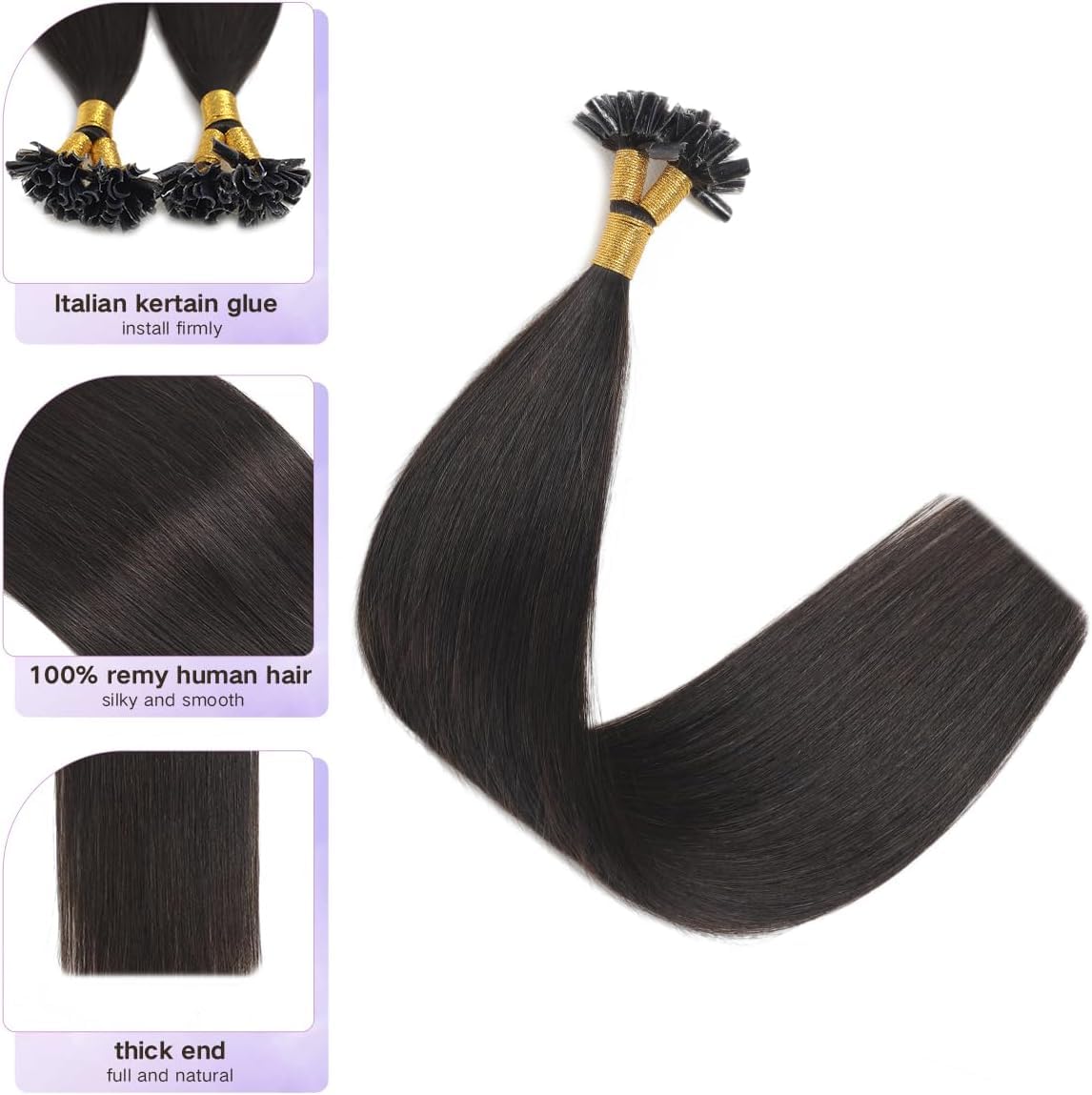 U Tip Hair Extensions Real Human Hair 50 Strands 40g 16inch Natural Black Pre Bonded Nail U Tip Hair Extensions #1B 16inch - Image 3