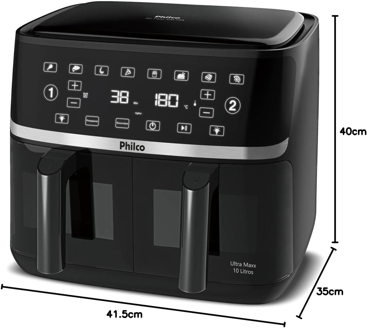 Vista lateral da Air Fryer Philco Ultra Maxx 10L com indicação das dimensões de altura, largura e profundidade