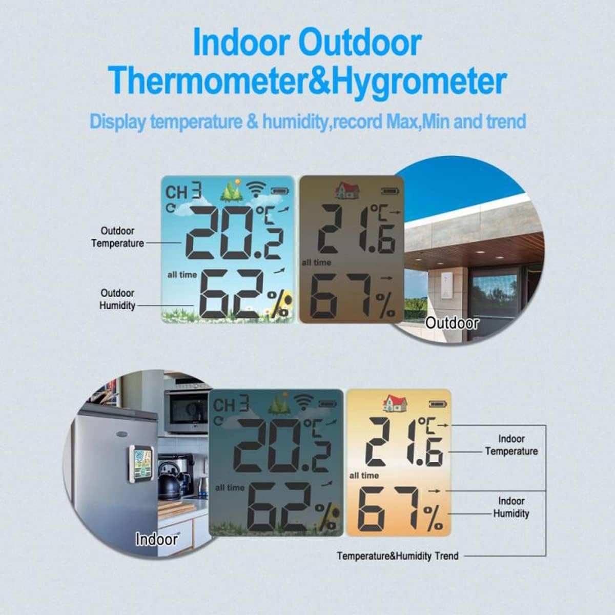 Estación meteorológica digital, termómetro para interiores y exteriores, barómetro, higrómetro, despertador, monitor de temperatura, función de repetición de alarma, alcance de recepción de 100 m