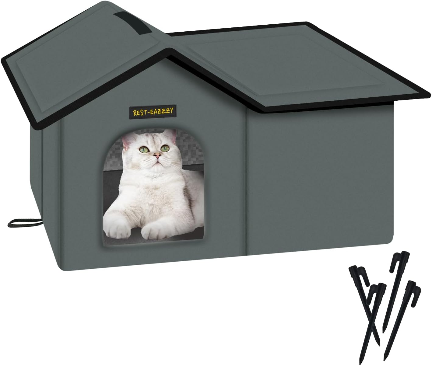 Rest-Eazzzy Cat House for Outdoor Cats, Weatherproof and Insulated Feral Cat House with Mat and Clip, Easy to Put Together, Selfwarming Cat Shelter for Winter(Grey, Waterproof House-L) grey waterproof house-L