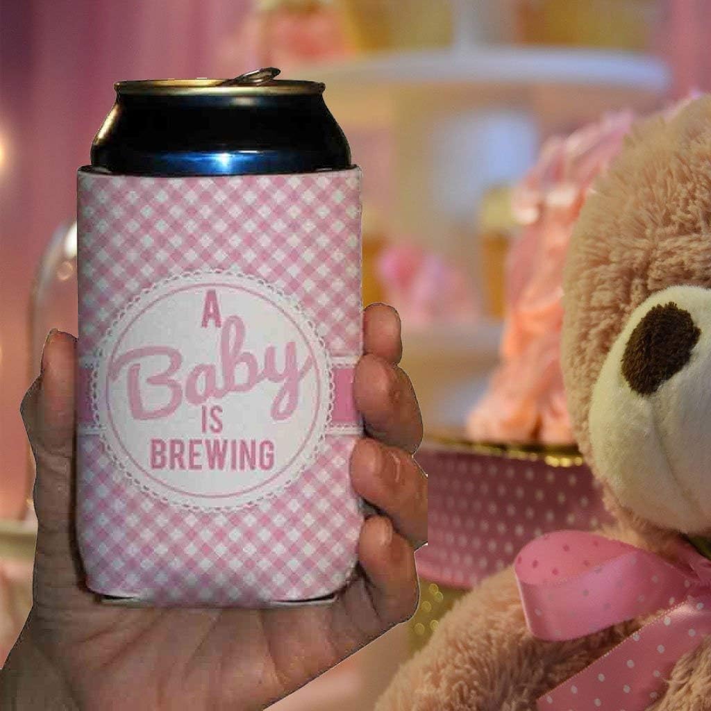 VictoryStore Custom Baby Shower Can Coolers – A Baby is Brewing Pink Baby Girl Design – Personalized Set of 12 – Party Favors for Drinks – Fits 12–16 oz Cans & Bottles