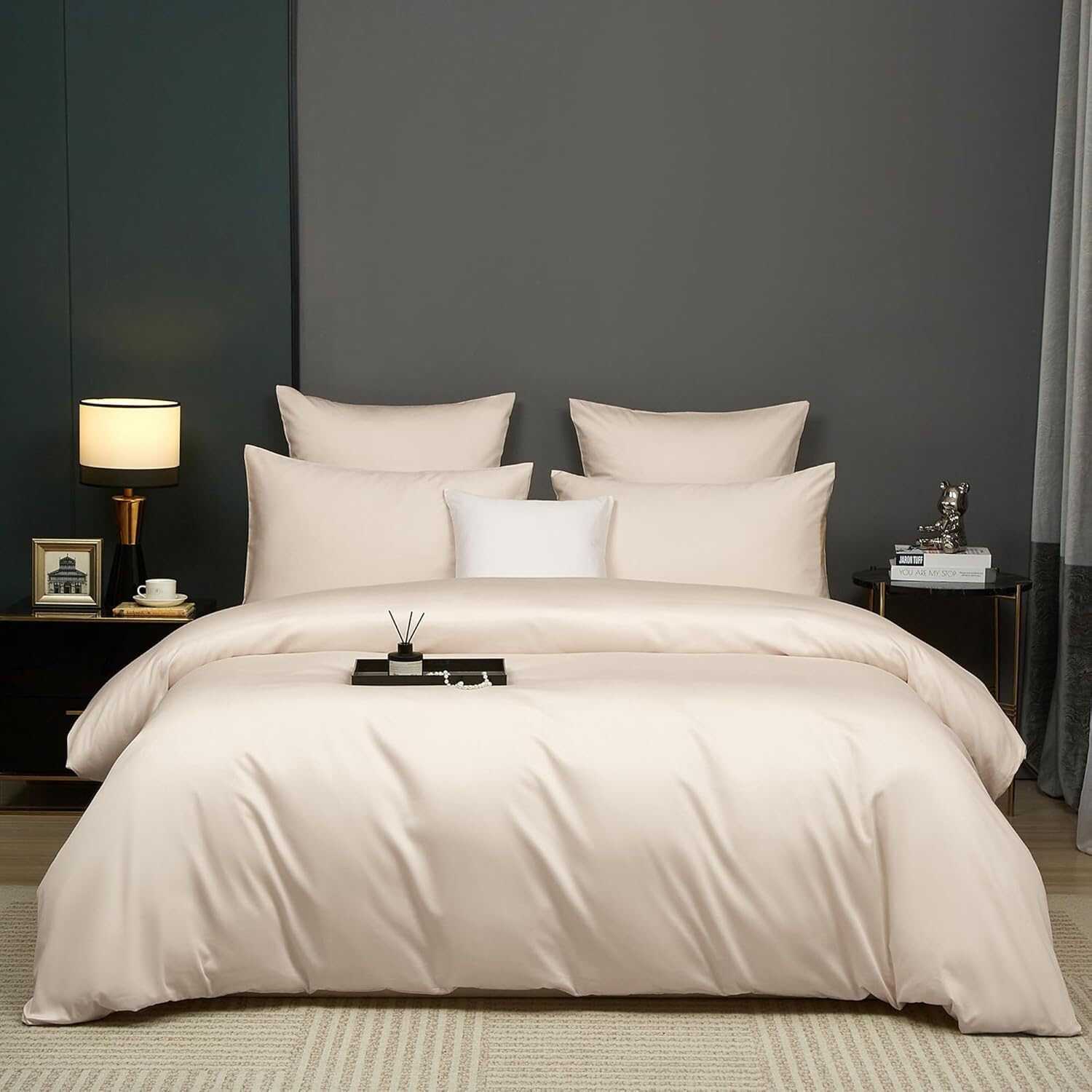 Luofanfei Kühlend Mako Satin Bettwäsche 200x200 Baumwolle Sommer Beige Glatt Muster Atmungsaktiv Bettwäscheset Weich und Bügelfrei Uni Bettbezug und 2 Kissenbezüge 80x80 cm