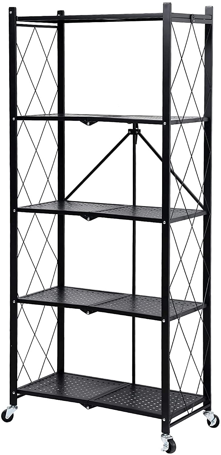 Foldable Storage Shelf Unit on Wheels Large Capacity (No Assembly) Heavy Duty Steel Shelving Organizer Rack for Kitchen, Garage and Laundry Bathroom Tool Organization (5 Tier)