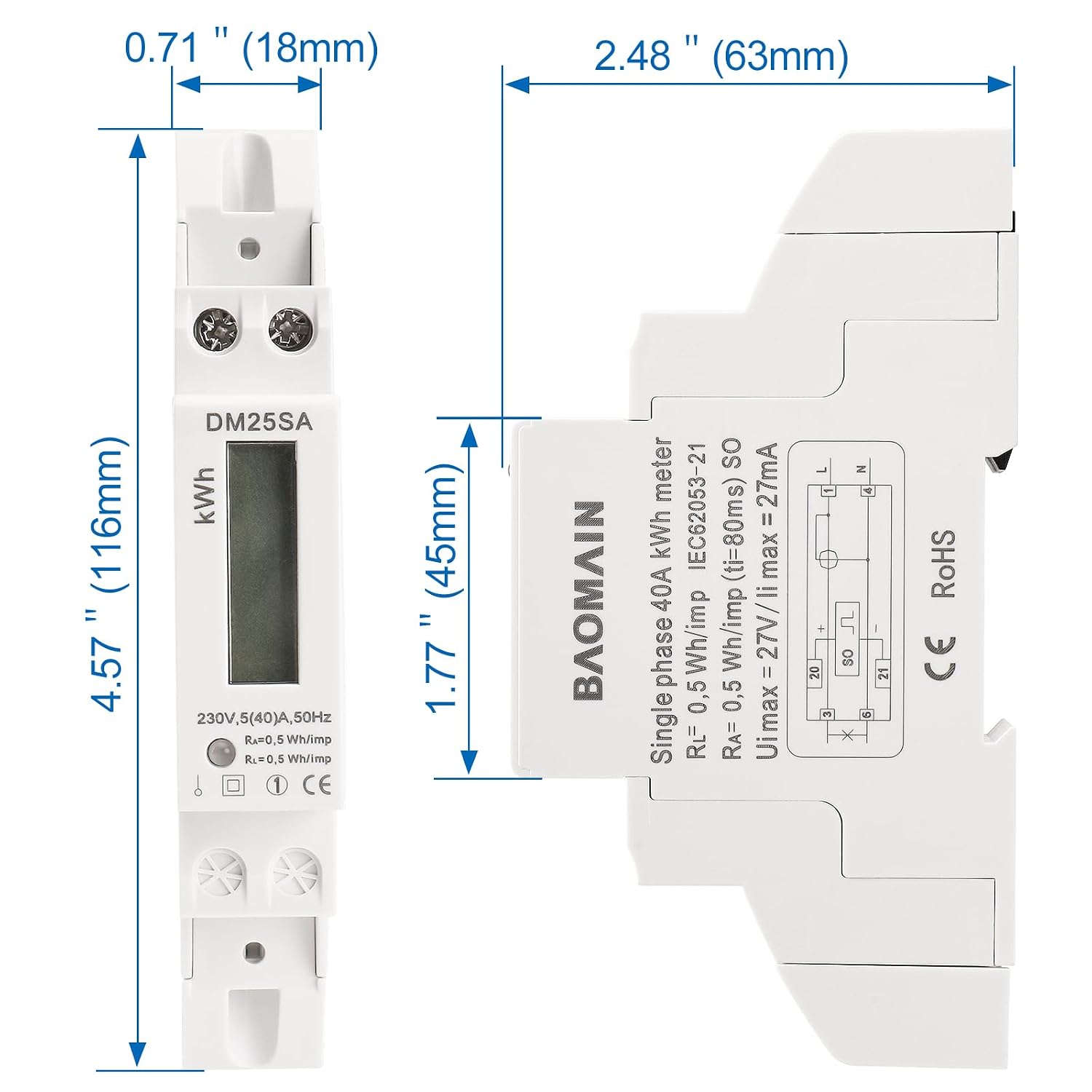 Baomain Single Phase Energy Meter 5(40) A 220–230V 50Hz, 2-Wire kWh Meter with Backlit LCD, Class 1 Accuracy, 1-Module DIN Rail Mount (DM25SA)
