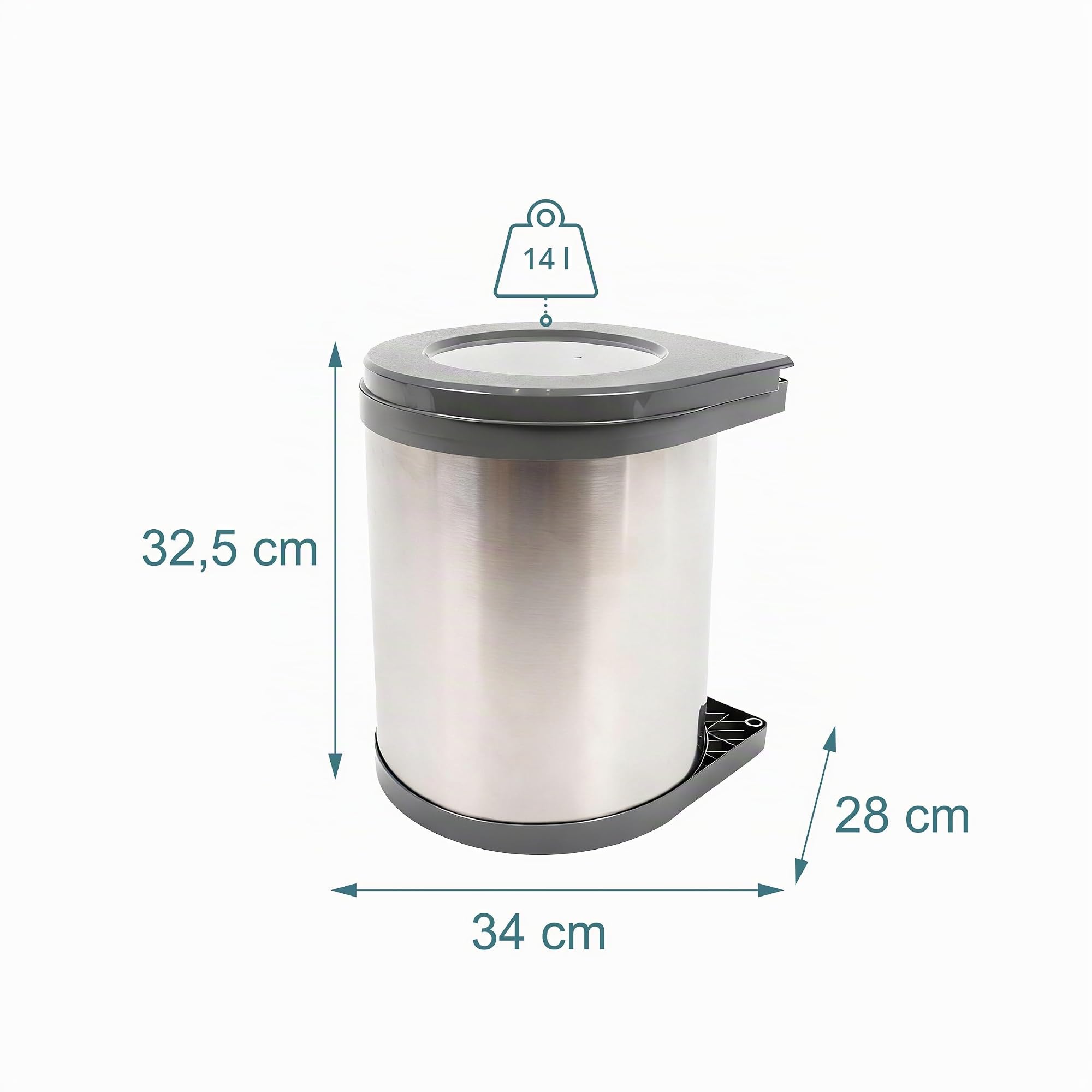 Relaxdays cubo empotrable 14 L, 32,5 x 28 x 34 cm, inox, interior extraíble, puerta armario, cocina, plateado