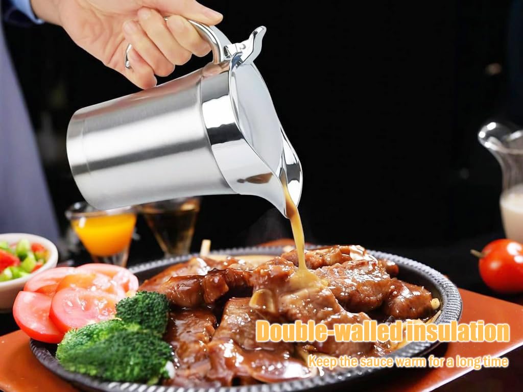 Edelstahl Thermo Sauciere,750ml Soßenschüssel,Thermo-Sauciere mit Deckel,Soßenkanne aus doppelwandigem Edelstahl,Eleganter Silberner Saucenkrug für Soße Sahne Sauce Senf Mayonnaise