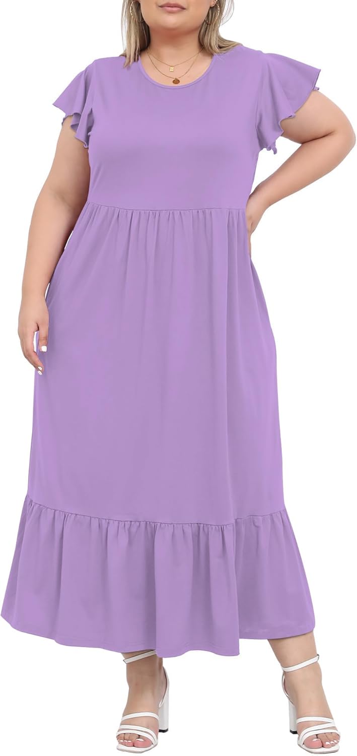 Women's Plus Size Maxi Dress Crew Neck Ruffle Short Sleeve Summer Casual Dresses with Pockets Floral Long Dress