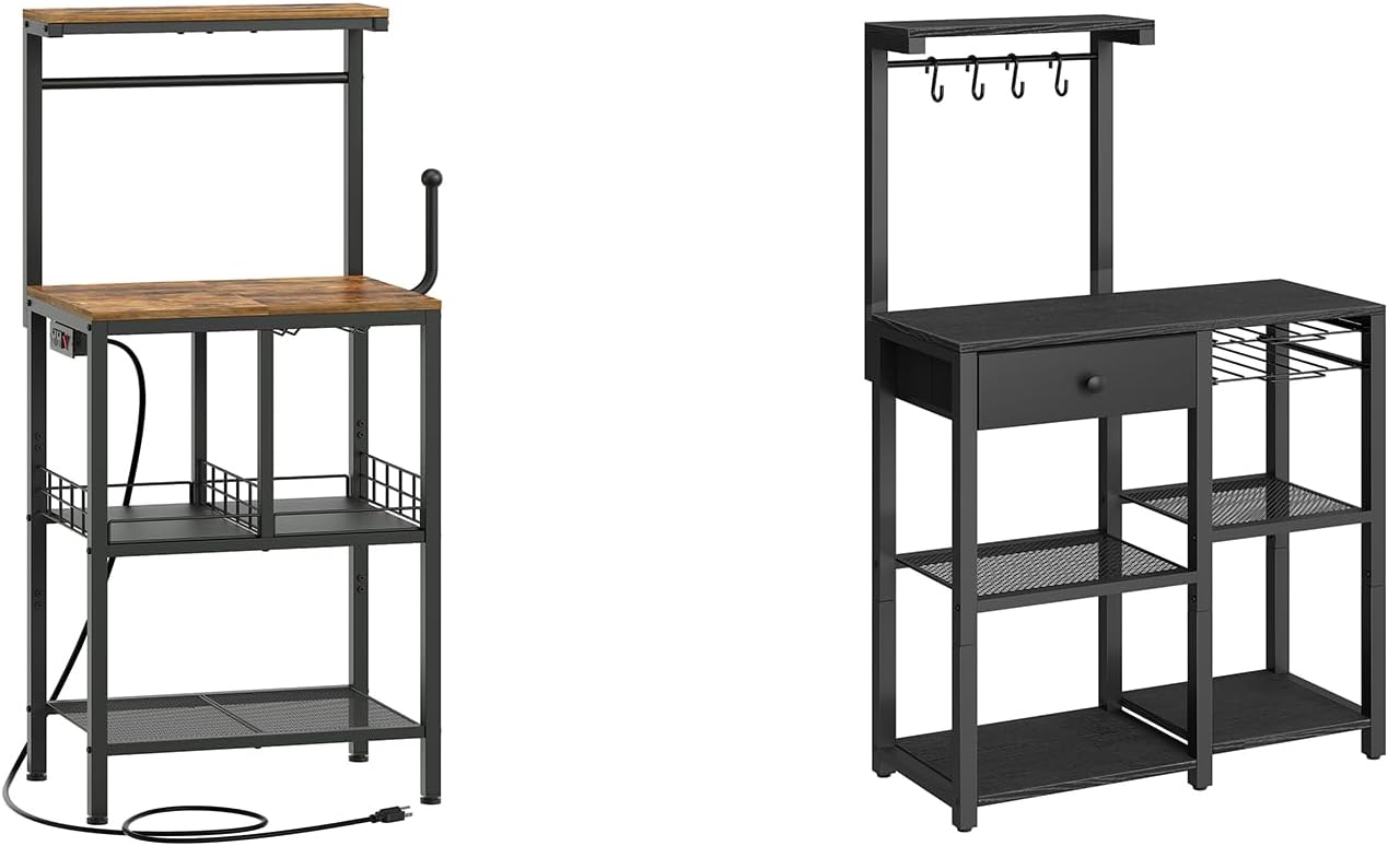 Bakers Rack with Power Outlet, Microwave Stand with Paper Holder, Bakers Rack with Storage, HB02UBR-KF60BBY1