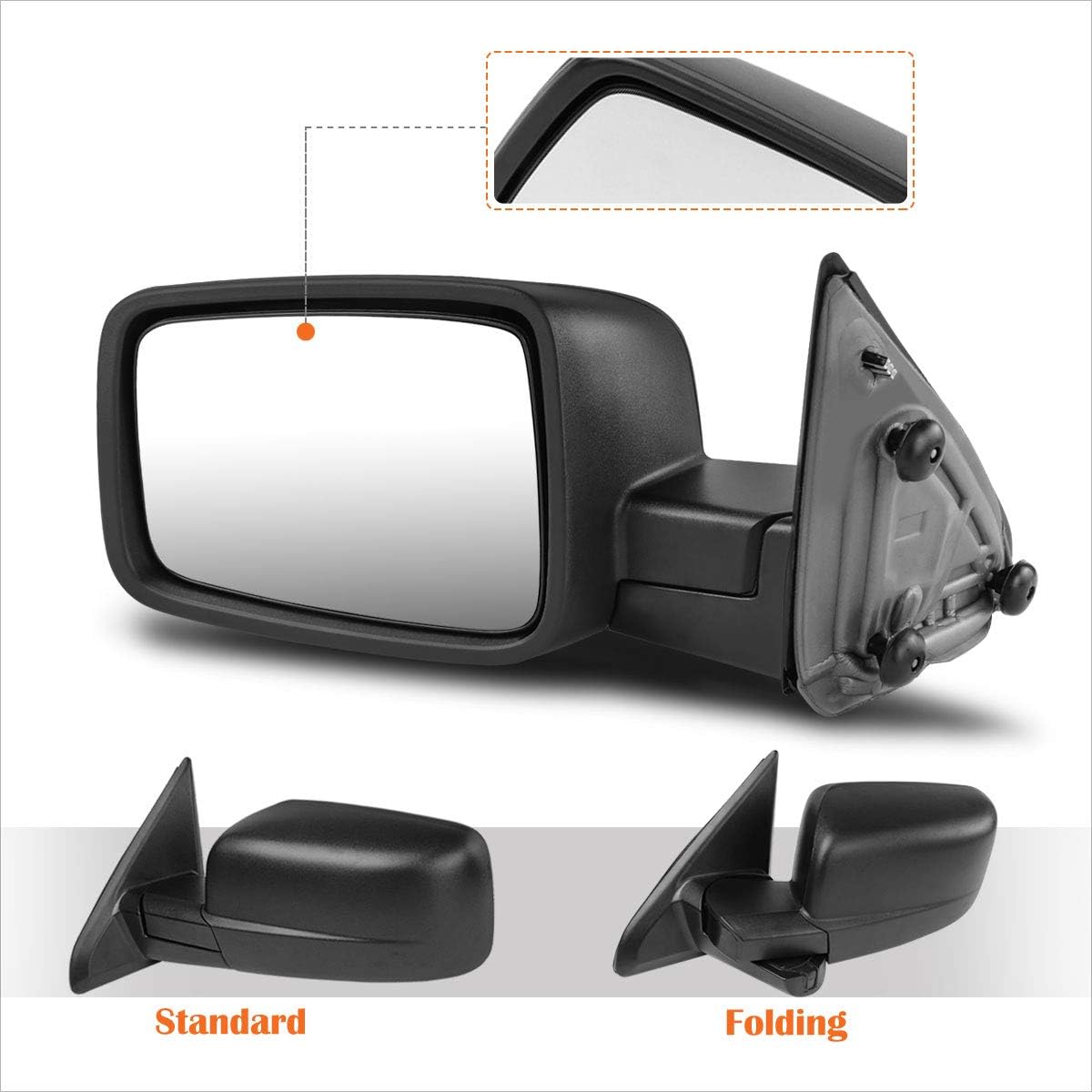 [Driver Side] Manual Foldable Tow Towing Mirrors Compatible with 09-16 Dodge Ram Pickup,Black