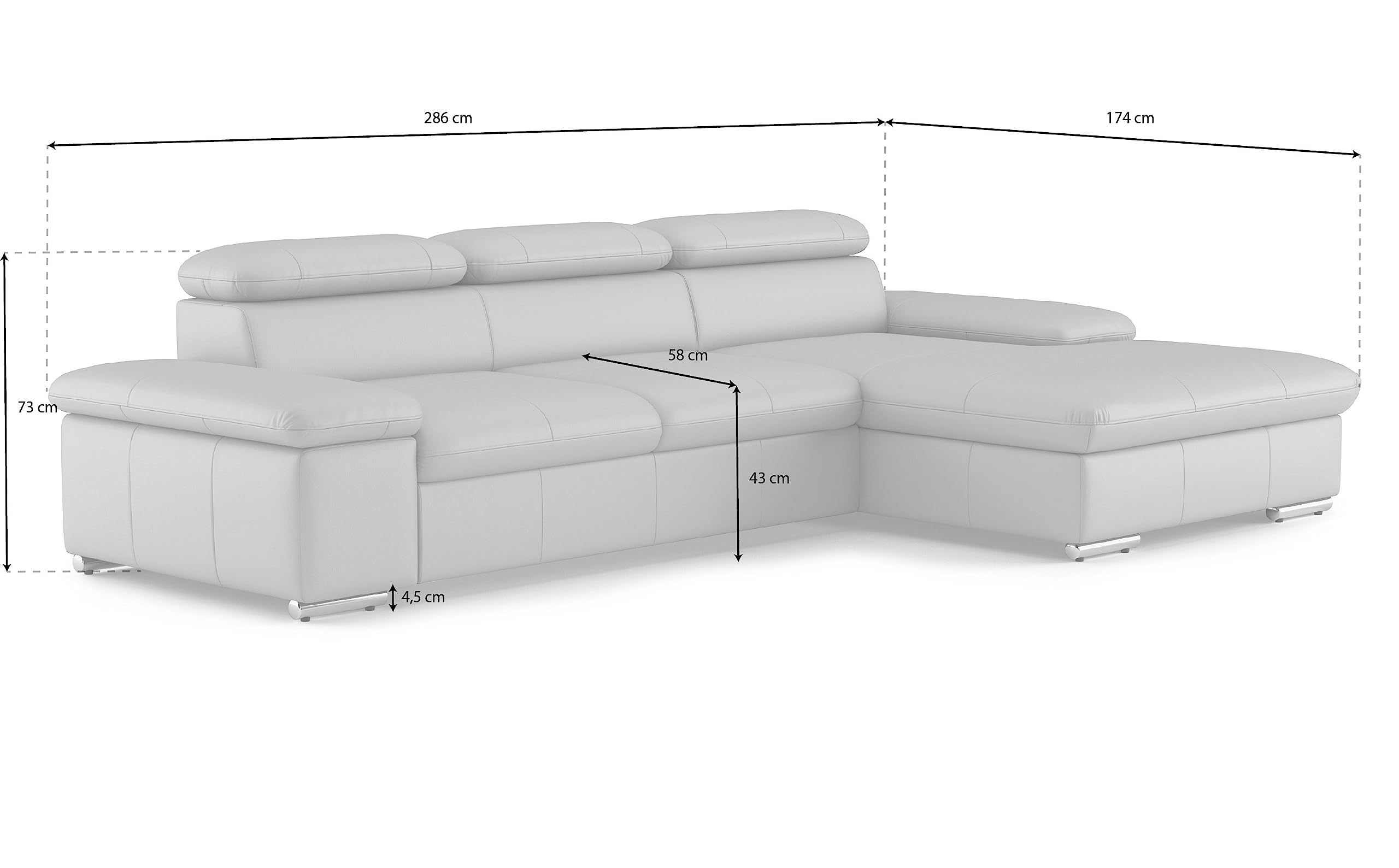 CAVADORE Leder-Ecksofa Valerie mit XL-Longchair / Eckcouch mit Kopfteilverstellung, großem Longchair + Metallfüßen / 286 x 73 x 174 / Echtleder Beige