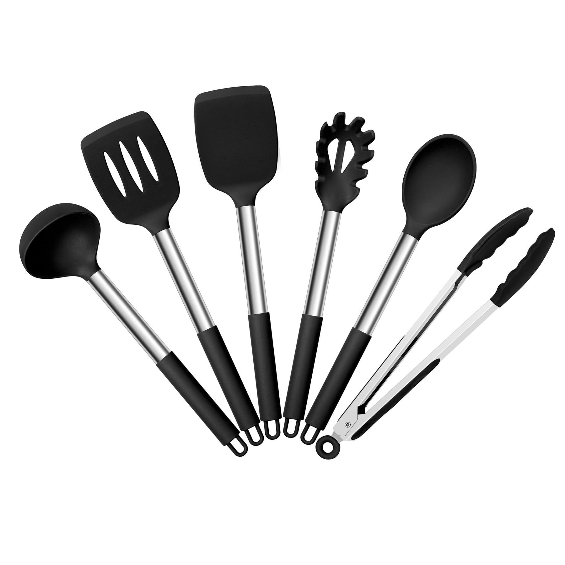 HaWare Kitchen Utensils Set, 6 Pcs Silicone Cooking Utensils Set with Stainless Steel Handle, Non-Stick Cooking Tools Turner Spatula Spoon Tong, Heat Resistant & Non-Scratch, Dishwasher Safe-Black