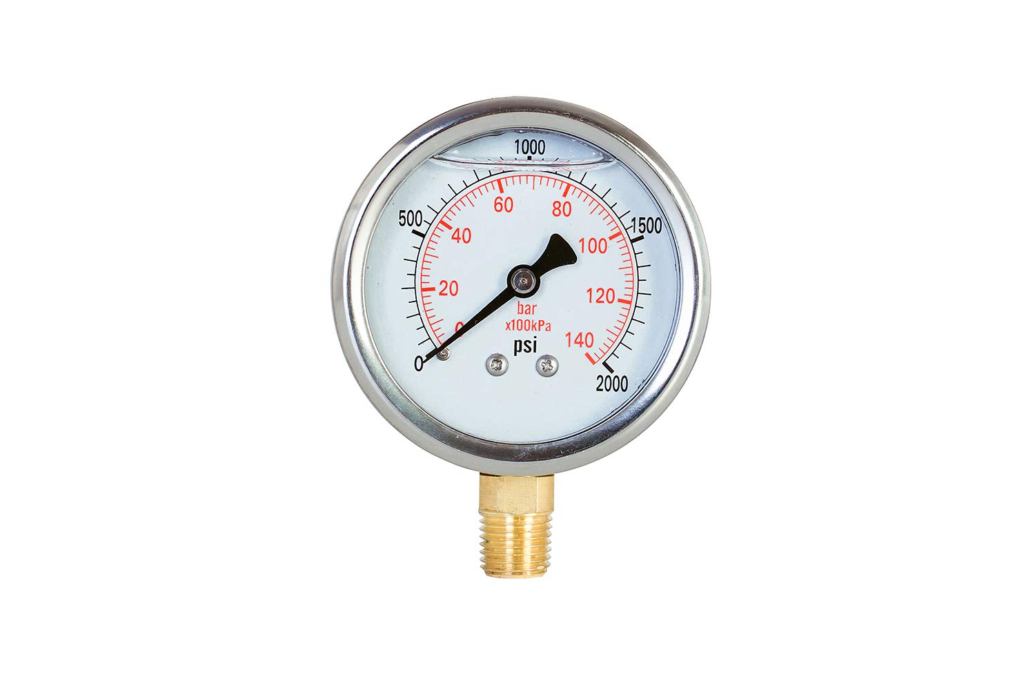 Pressure Gauge,Liquid Filled,2-1/2" Dia,0-2000 psi/bar/kpa,1/4" NPT Male Brass Connection,Lower Mount, Polycarbonate Lens Window, Stainless Steel case-picture-11