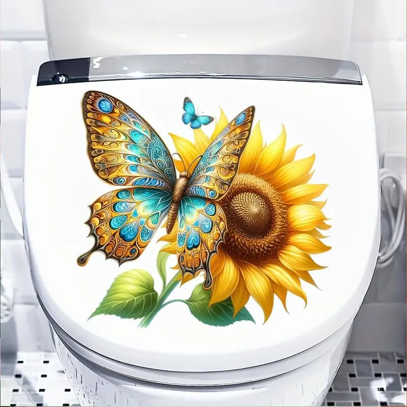 Charming Butterfly & Sunflower Toilet Cover Sticker Decals,Fish Bird Flower Leaf Waterproof Toilet Lid Tank Seat Decals Cistern Self-Adhesive Bathroom Wall Sticker