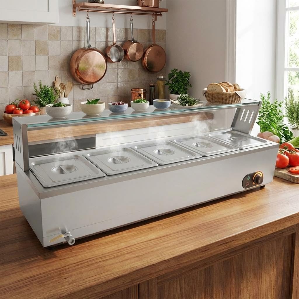 Commercial Food Warmer, 5-Pan Commercial Electric Food Warmer 60QT,Stainless Steel Electric Bain Marie with Tempered Glass Shield,Buffet Warmer for Catering, Restaurants, Cafeterias