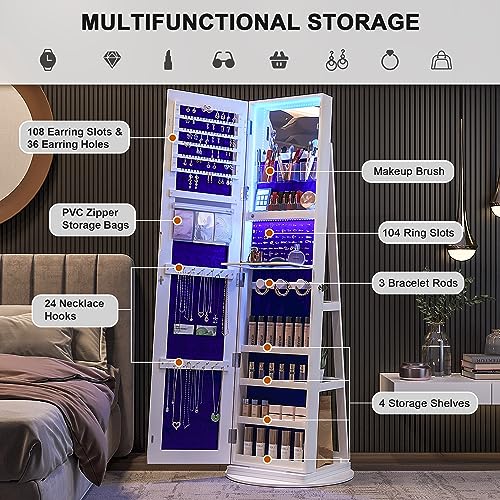 Image of HNEBC LED Light Jewelry Organizer Mirror 360 Rotating, Jewelry Armoire with Door Mirror, Full Length Mirror Jewelry Cabinet, Mirror with Jewelry Storage, Large Jewelry Boxes & Organizers(B White)