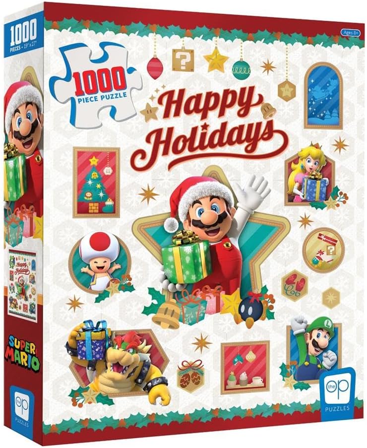 Super Mario Happy Holidays 1,000 Piece Jigsaw Puzzle | Collectible Holiday Puzzle Featuring Mario, Princess Peach, Bowser, Yoshi, and Luigi | Officially Licensed Nintendo Merchandise