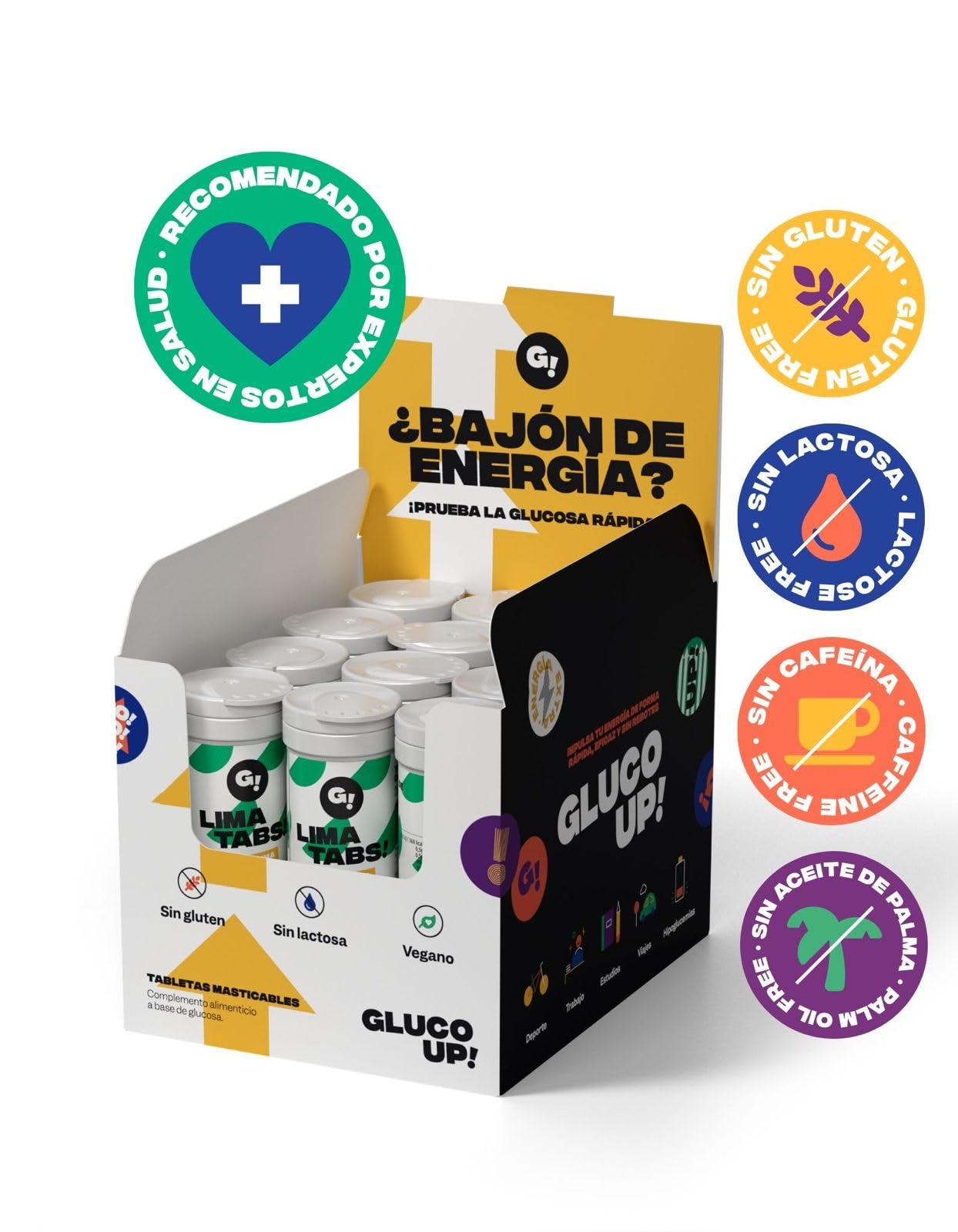 GLUCO UP! Pack 12 Tubos Pastillas de Glucosa LIMA TABS - Tabletas de Glucosa Masticables para Hipoglucemias, Sabor Lima, Acción Rápida, Diabetes Tipo 1, Diabetes Tipo 2