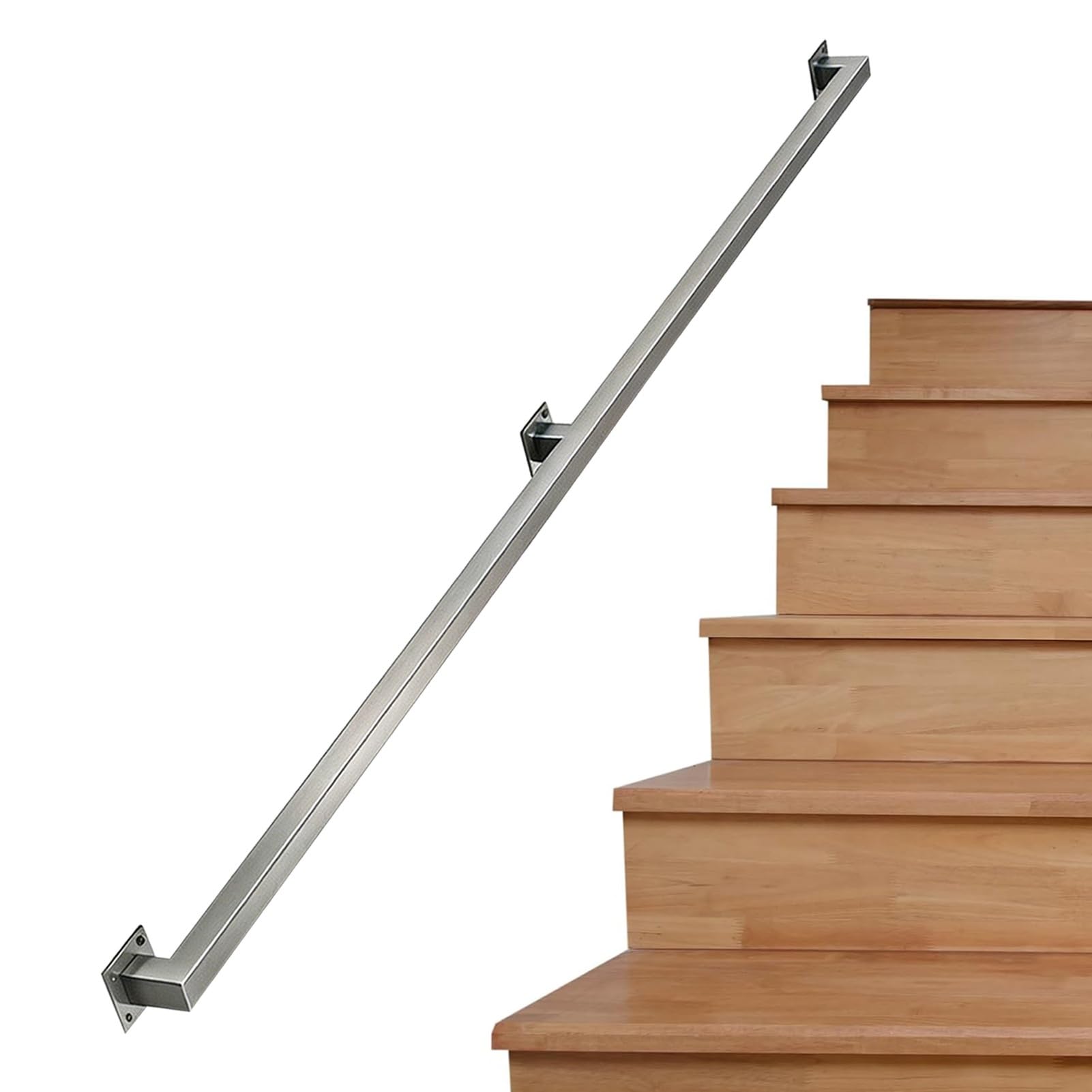 Wall Mounted Stair Hand Rails - Industrial Stainless Steel Railings Safety Sturdy Corridor Grab Bars - Non-Slip Square Pipe Handrail Banister for Wood Concrete Brick - Silver(17ft/5.1m)