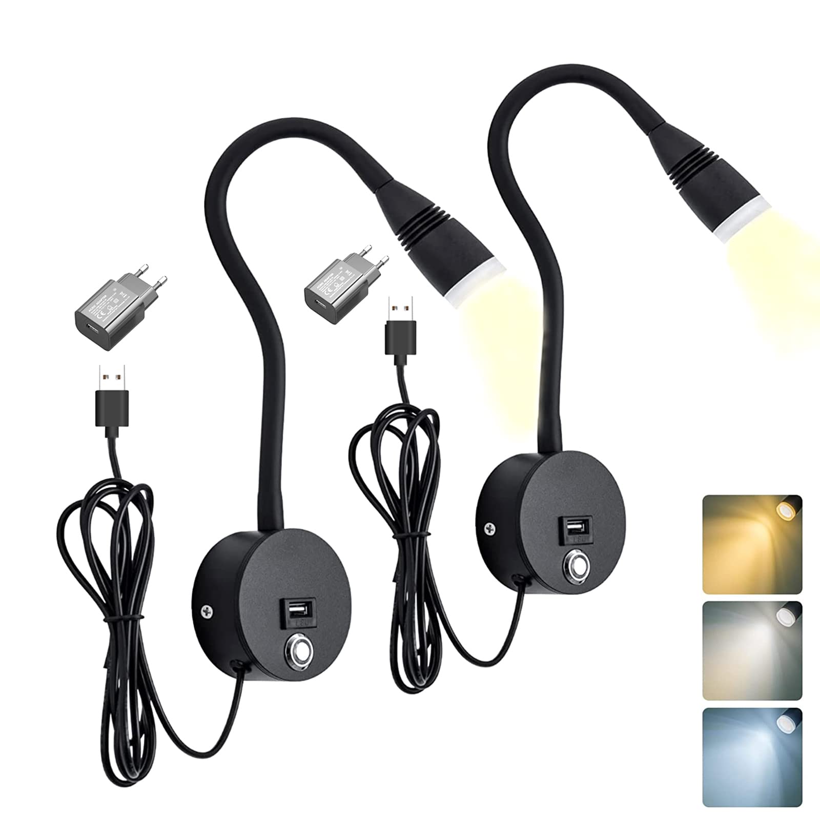 VOMI 3W LED Leselampe Bett Wandmontage Schlafzimmer Wandlampe Dimmbar mit Touch Schalter & USB Port, 2 Stück Wand-Leselampen 360° Flexible Schwanenhals Lampe Schwarz Wandspot mit USB-Stecker