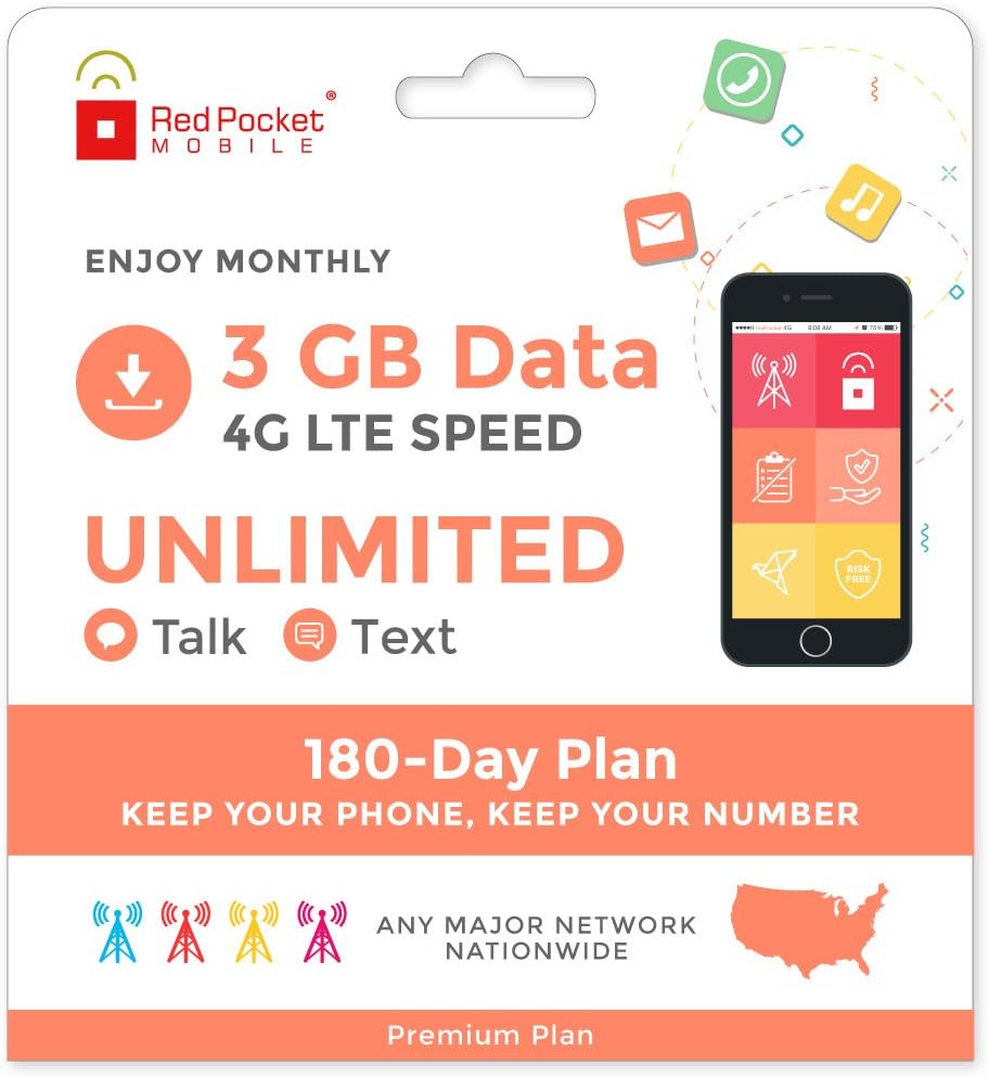Red Pocket Mobile Premium 180 Day Prepaid Phone Plan, No Contract, Free SIM Kit; Unlimited Talk, Unlimited Text & 3 GB of LTE Data - Only $25.50/Month