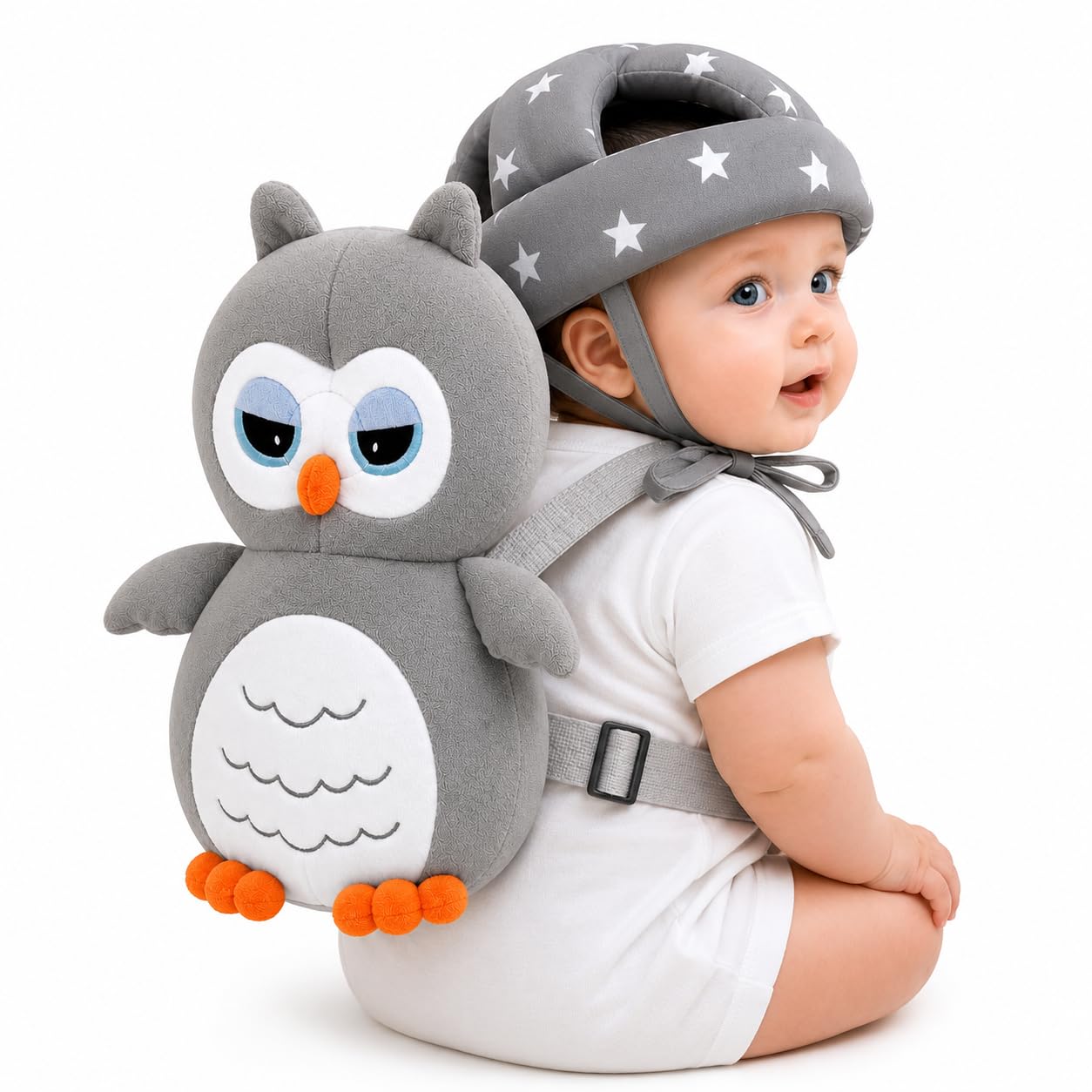 Baby Back Protector with Head Protective Hat Combo Set, Cute Honey Bee Shape Soft Cushioning, Adjustable Shoulder Belt, Head Protection Gear for 6-18 Month Toddler (Grey)-image-44