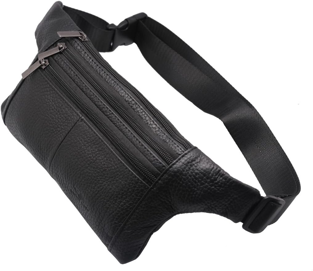 Triple Pocket fanny pack Genuine Leather waist bag slim shoulder bag Hip Purse Adjustable Belt strap Casual Pouch Outdoor Day bag (Black) - Image 2