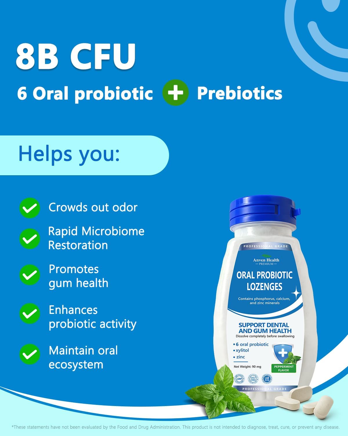 Oral Probiotics Lozenges for Mouth Bad Breath & Gum Repair - Mineral Fusion with Zinc + Calcium for Dry Mouth Relief, Enamel Shield, Mint Flavor with Xylitol - 180 Lozenges, Sugar-Free