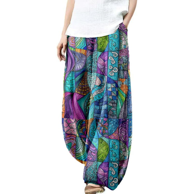 Women's Multicolor Mid-Calf Length Patchwork Style Harem Pants, Casual, Spring/Summer