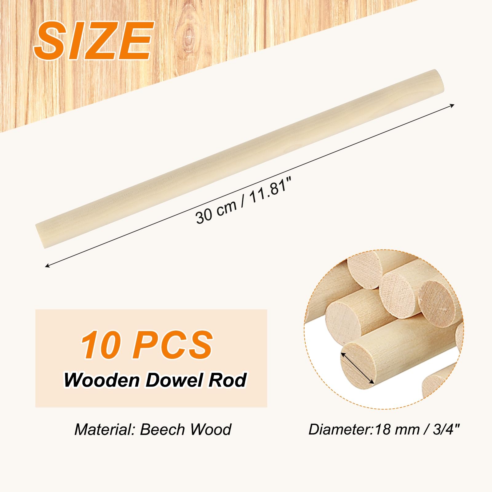 PATIKIL 3/4 x 12 Inch Wooden Dowel Rod 10 Pcs Wood Dowels for Craft Natural Color - Image 2