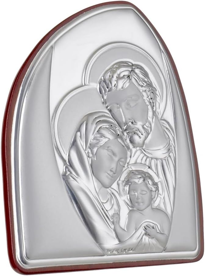 Italian Sterling Silver Argento Holy Family Religious icon, On Cherry- Wood Back