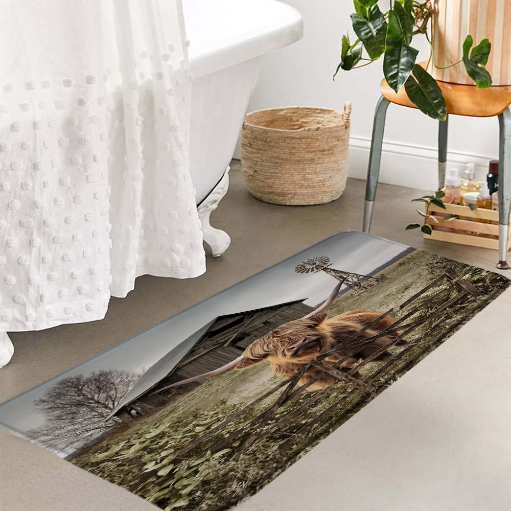 YOZSLGU Highland Cow Bath Mat Rustic Farmhouse Animals Funny Cute Cattle Bull Vintage Windmill Western Country Memory Foam Bathroom Kitchen Rug,