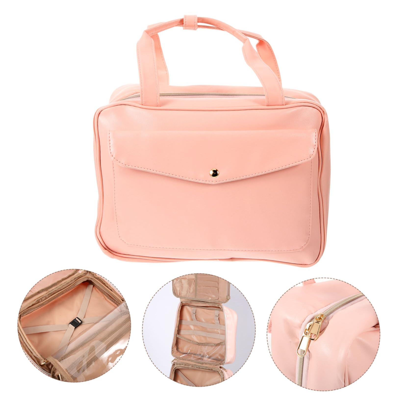 Hängender Reise Kulturbeutel aus Pu Leder in Rosa mit Griff | Mehrere Fächer und Taschen, Große Kapazität, Tragbar für Outdoor und Reise