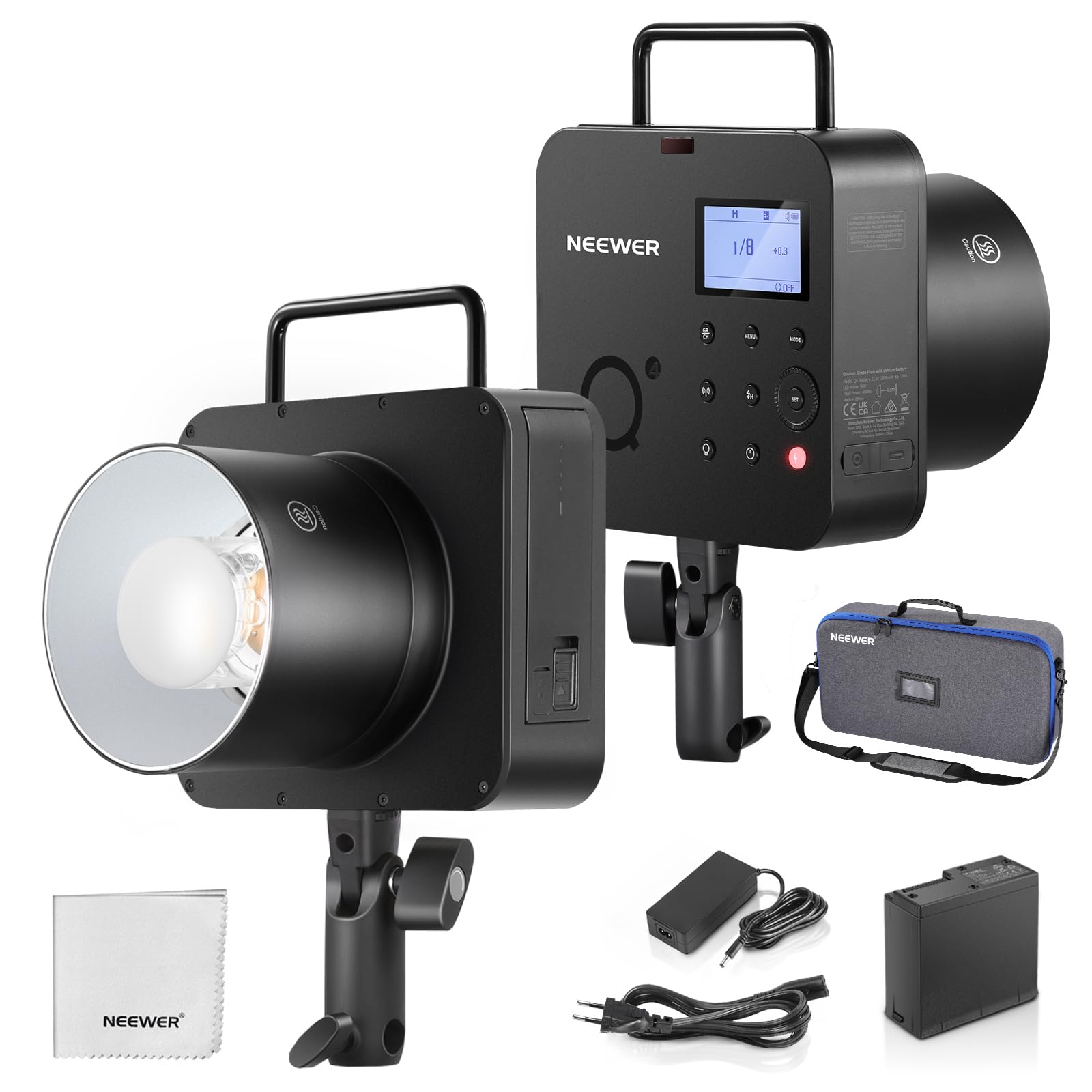 NEEWER Q4 400Ws 2.4G TTL Flash Estudio Exterior (Nuevo Diseño),Compatible con Godox, HSS 1/8000s /Batería 2800mAh / Lámpara Modelado 30W / 400 Destellos/Monoluz Strobe Opico Montura Bowens Fotografía