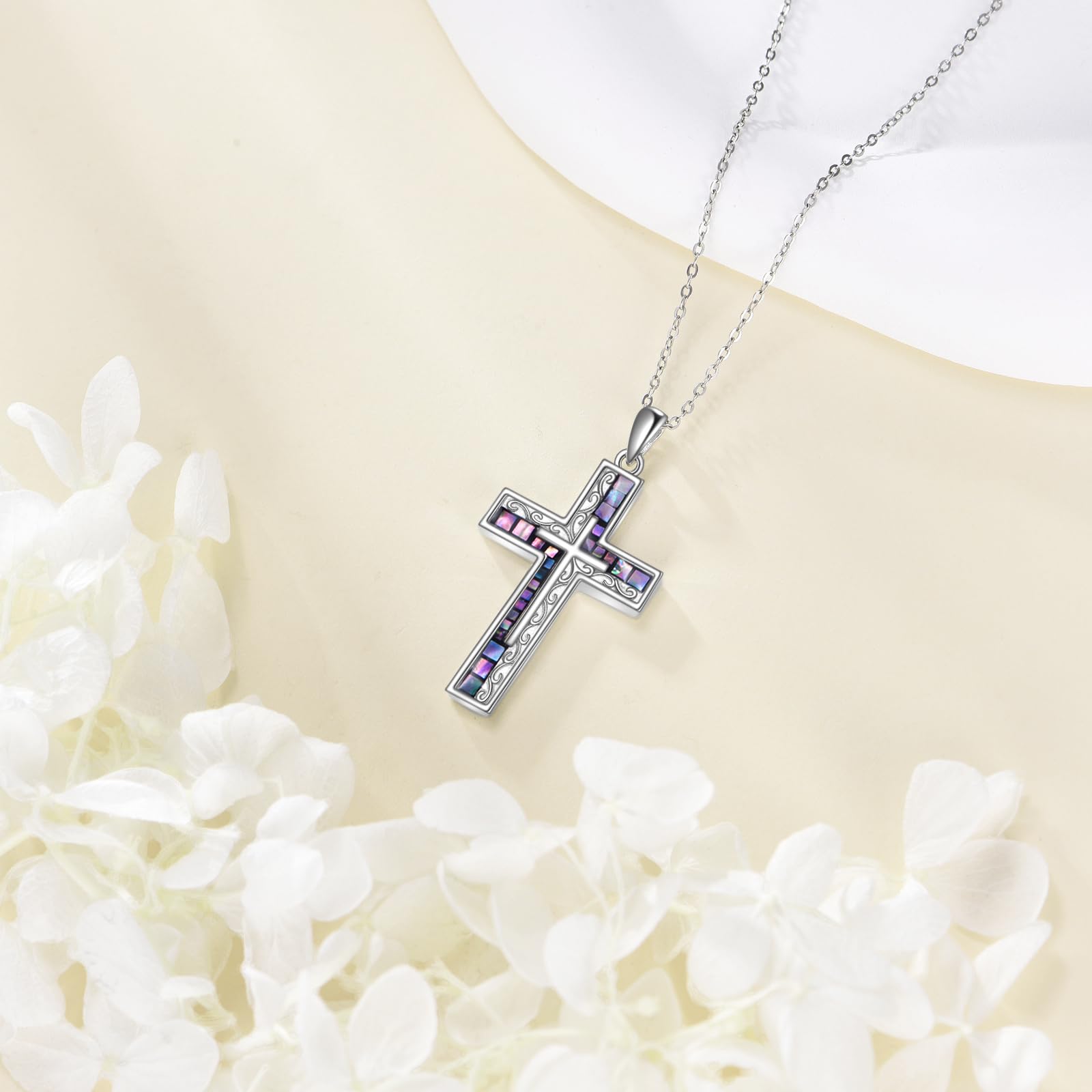 Łańcuszek z krzyżykiem, srebro wysokiej próby, filigranowy łańcuszek Abalone, wisiorek w kształcie krzyża, religia, chrześcijańska, katolicka biżuteria, prezent dla kobiet