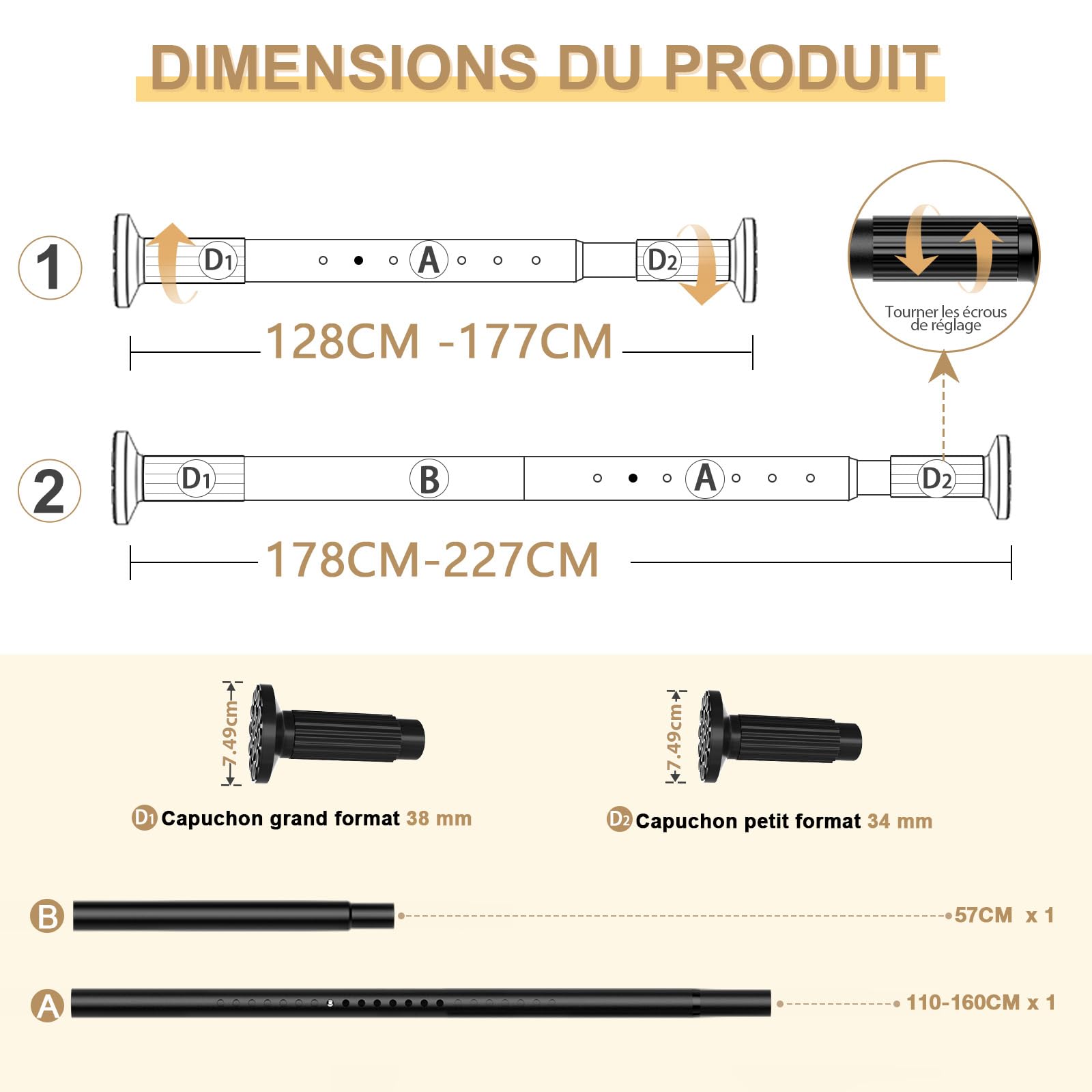 Extensible Tringle à Rideau 128-227cm Noir, Diamètre 32mm, 1 Pièce Tringle Rideau Extensible Sans Percage, Barre de Tension Télescopique, Pour Rideau de Salle de Bain, Fenêtre, Balcon