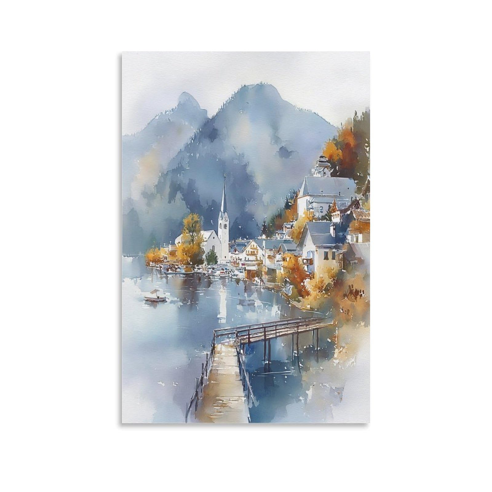 Cnaheiz Unframe-Style Skagway Alaska Watercolor Painting Coastal Town Art Print 20X30inch(50X75cm) Vintage Watercolor Canvas Art