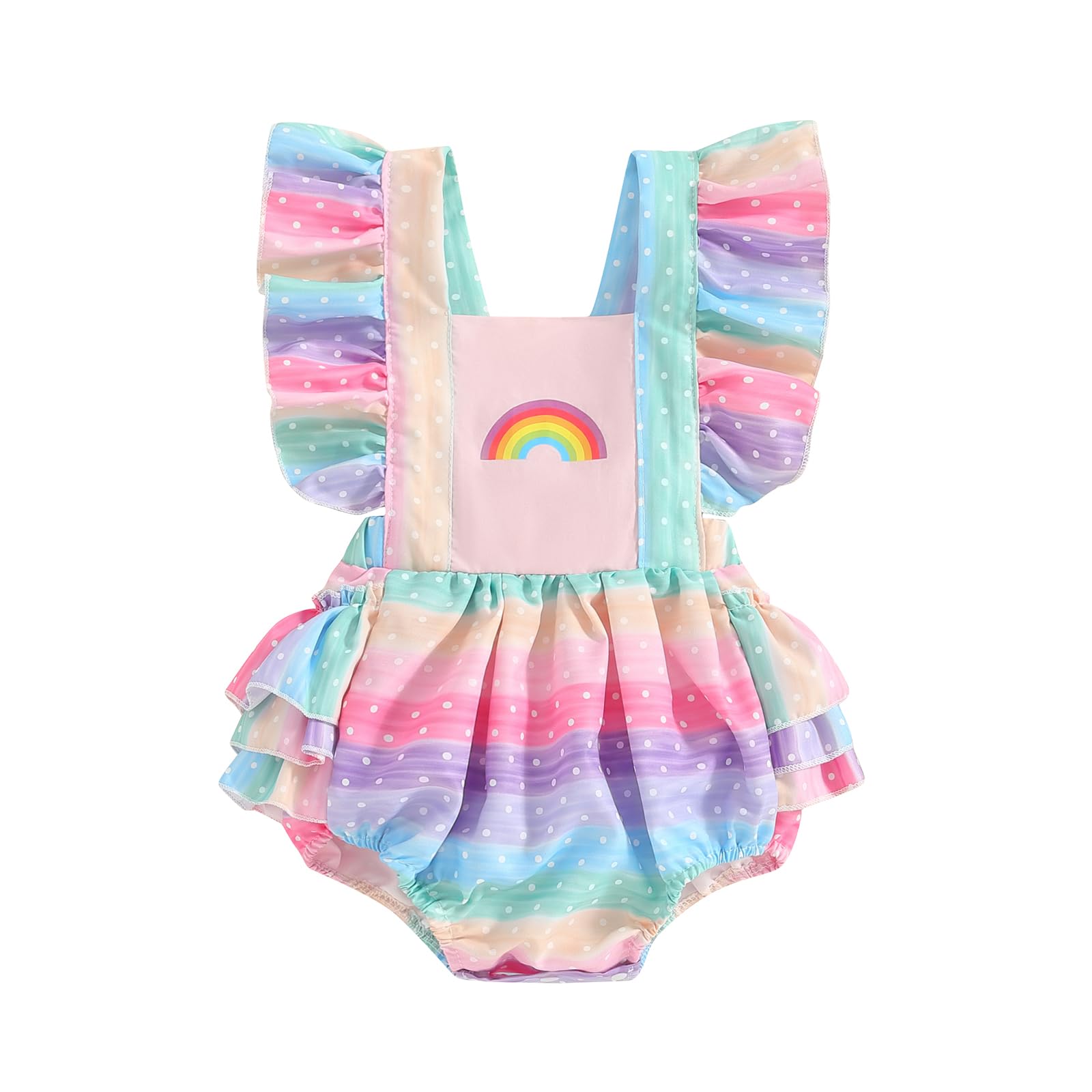 VISGOGO Infant Baby Girl Romper Dress Rainbow Onesie Outfit Ruffle Sleeve Jumpsuit Dot Print Bodysuit (Colorful, 9-12 Months)